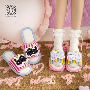 可爱少女心小猫亚麻拖鞋女2026新款四季通用家居室内吸汗棉麻拖鞋