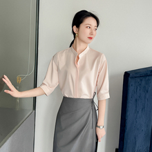 气质粉色半袖衬衫女夏设计感工装职业高级感轻奢抗皱立领短袖衬衣