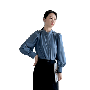 法式蓝色泡泡袖衬衫女立领复古设计感小众圆领不易皱高级感上衣春