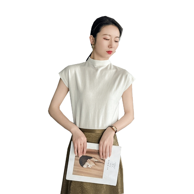 立领套头无袖针织上衣