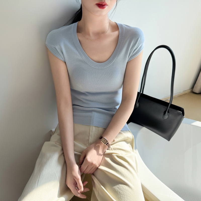 U领天丝短袖T恤女修身显瘦