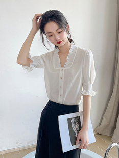 高级感法式 薄款 夏季 上衣女复古短袖 设计感小众方领泡泡袖 雪纺衬衫