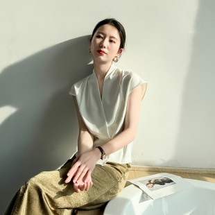 v领衬衣夏 无袖 白衬衫 女2025新款 高级感轻奢醋酸缎面港风气质修身