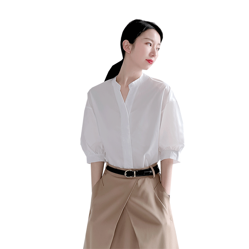 白色衬衫女夏款显瘦中袖立领职业通勤宽松短袖设计感泡泡袖上衣