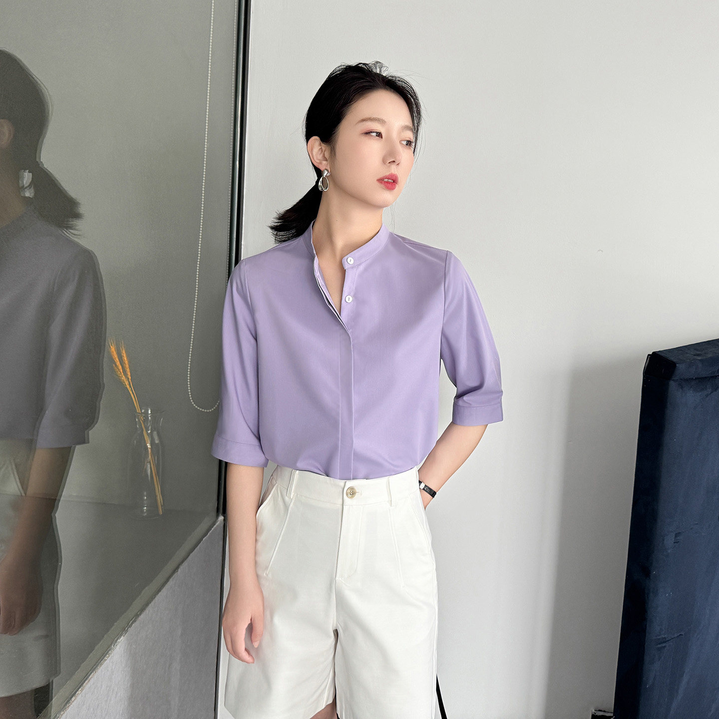 立领衬衫女高端轻奢高级感减龄洋气半袖正肩职业短袖衬衣夏薄款