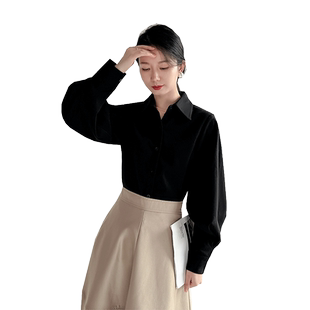 黑色磨毛衬衫女高级感秋冬泡泡袖时尚洋气长袖气质搭配马面裙上衣