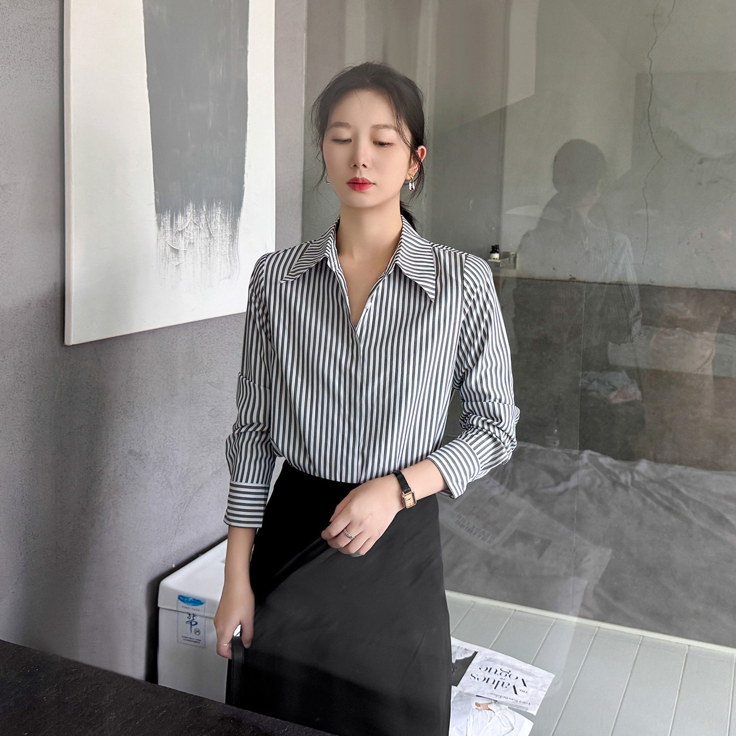 深灰色条纹气质衬衫女款2026新款翻领长袖商务休闲通勤西装内搭秋图片