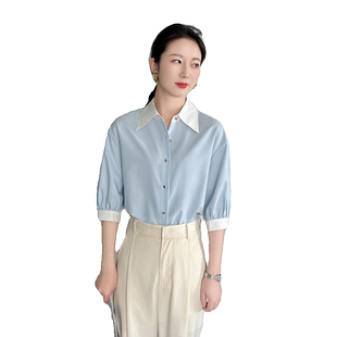 蓝色中袖衬衫女夏季宽松休闲面试职业不易皱七分袖高端气质上衣