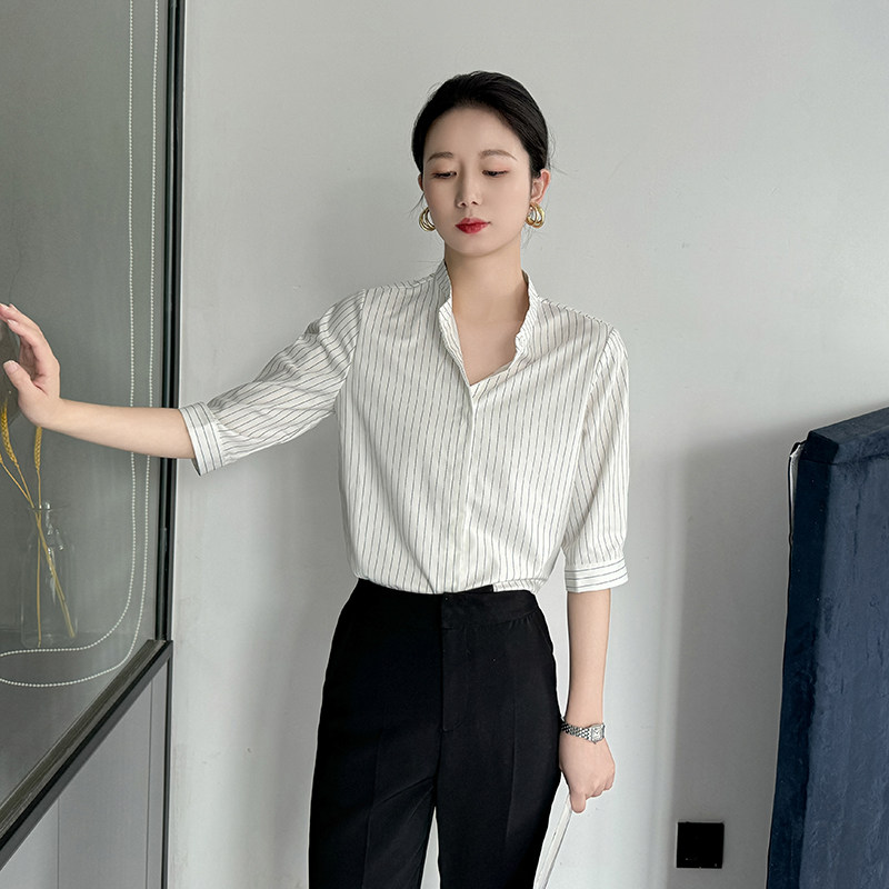 细条纹衬衫女立领正肩高级感图片