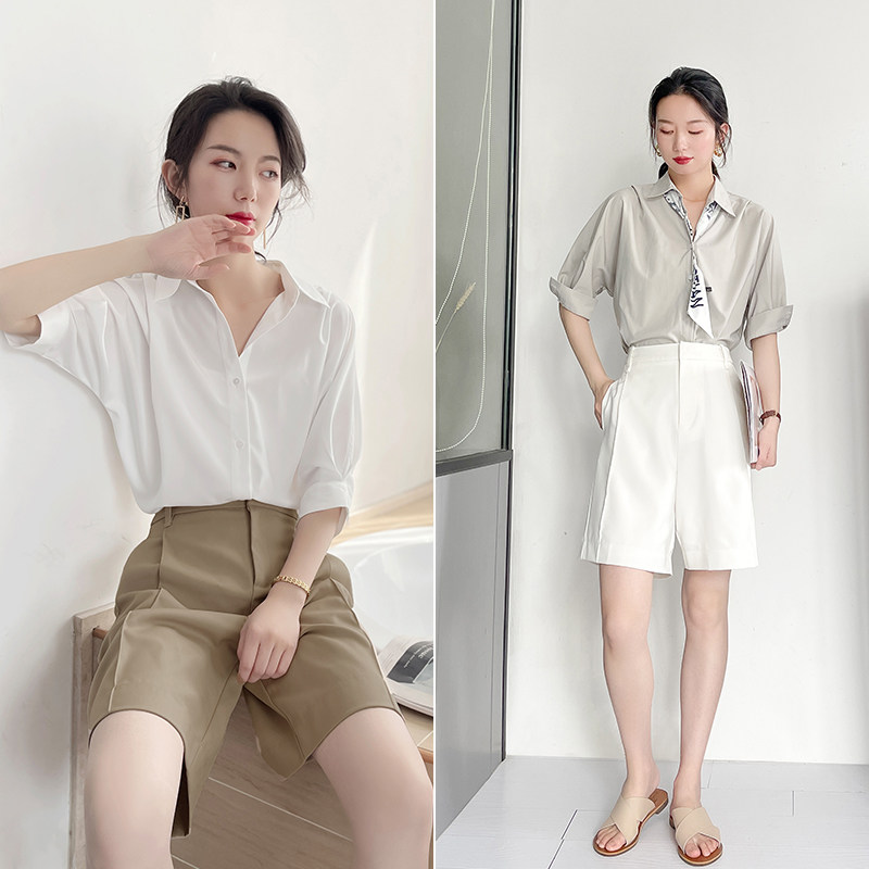 白色裤子女夏百慕大西装短裤高腰松紧腰休闲宽松中裤高级感五分裤
