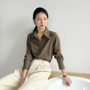 纯色休闲高级感气质简约抗皱上衣 长袖 咖色衬衫 2025新款 女宽松韩版