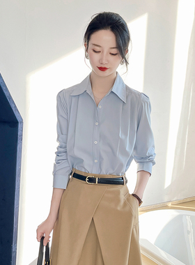 蓝色衬衫女高级感通勤职业气质抗皱长袖工装时尚休闲法式上衣春季