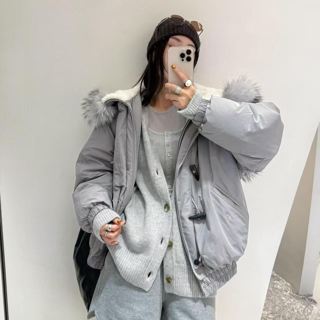 童心松牛角扣貉子毛领保暖防风保暖加厚夹克保暖羽绒服外套14967