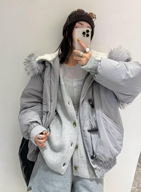 童心松牛角扣貉子毛领保暖防风保暖加厚夹克保暖羽绒服外套14967