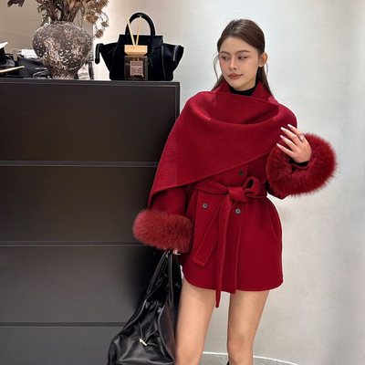 童心小众羊毛外套(配腰带可拆真狐狸毛袖毛)（含90羊毛）YS-98719