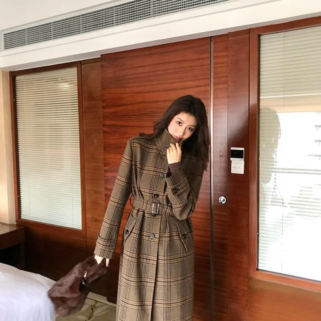 童心家师潮牌复古经典格纹羊毛呢收腰长款外套大衣配腰带V93