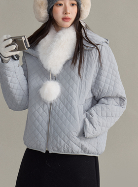 童心家盈小菱格冬上新复古夹棉连帽外套纯色菱格棉服N0108D