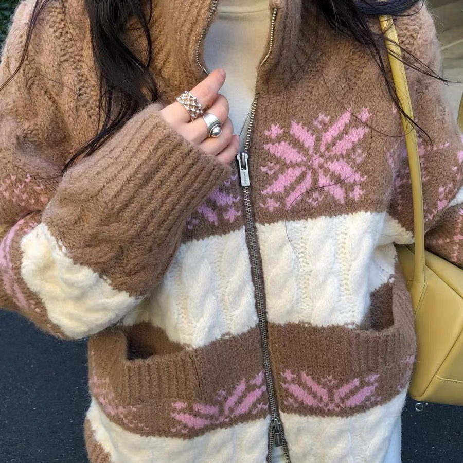 童心小众复古撞色提花加厚开衫外套保暖毛衣（含100绵羊毛）n9807