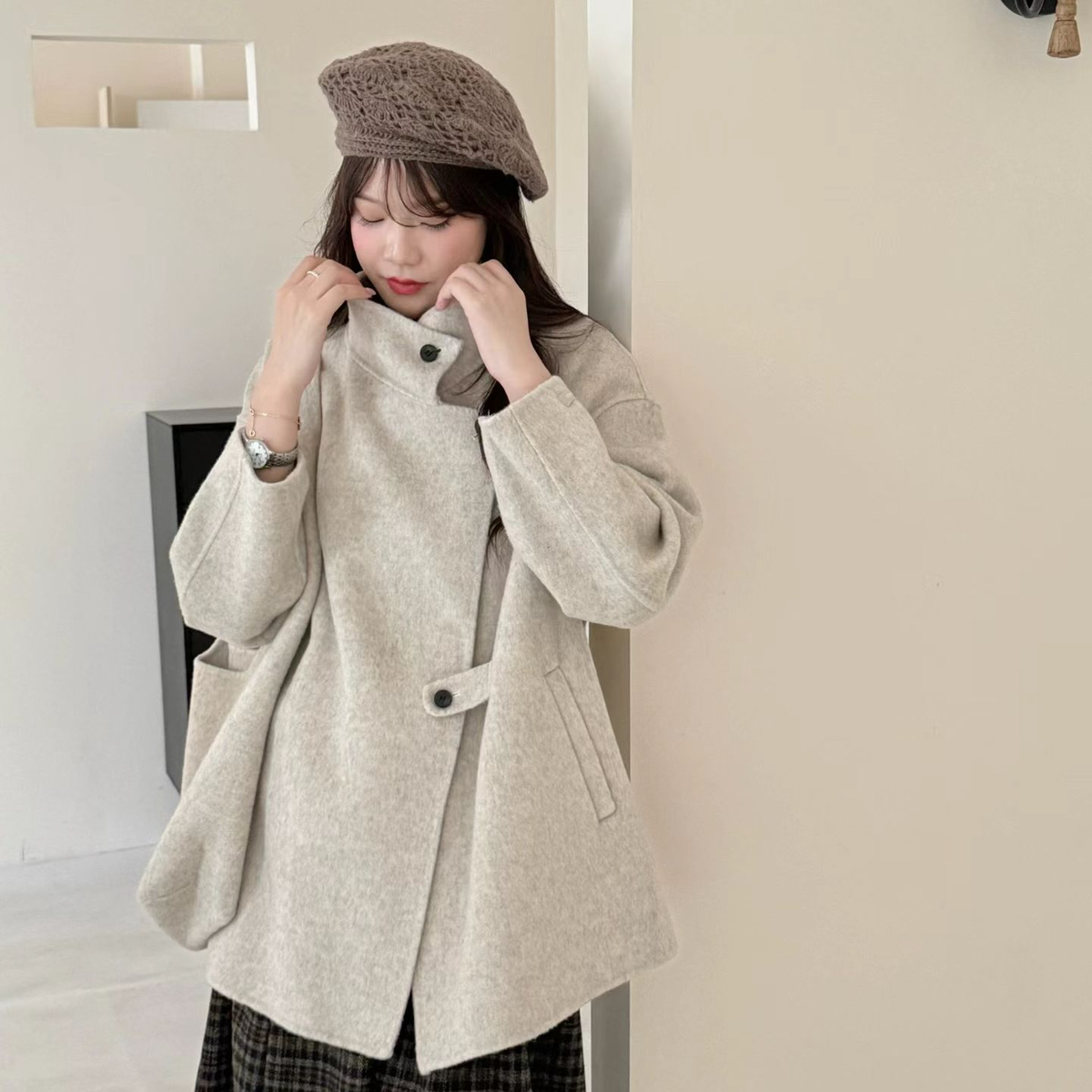 童心家新复古设计感百搭中长款羊毛外套(配包包)（含100羊毛）665