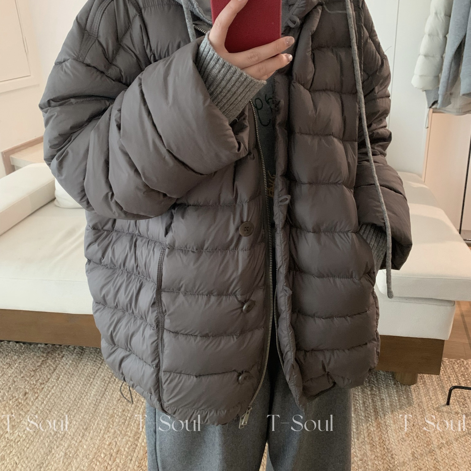 童心新韩系中长款轻薄拼接针织帽子鹅绒服保暖羽绒服外套21102