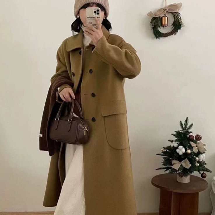 童心小众系翻领双排扣双面开叉羊毛外套（含100澳毛）L-GP113