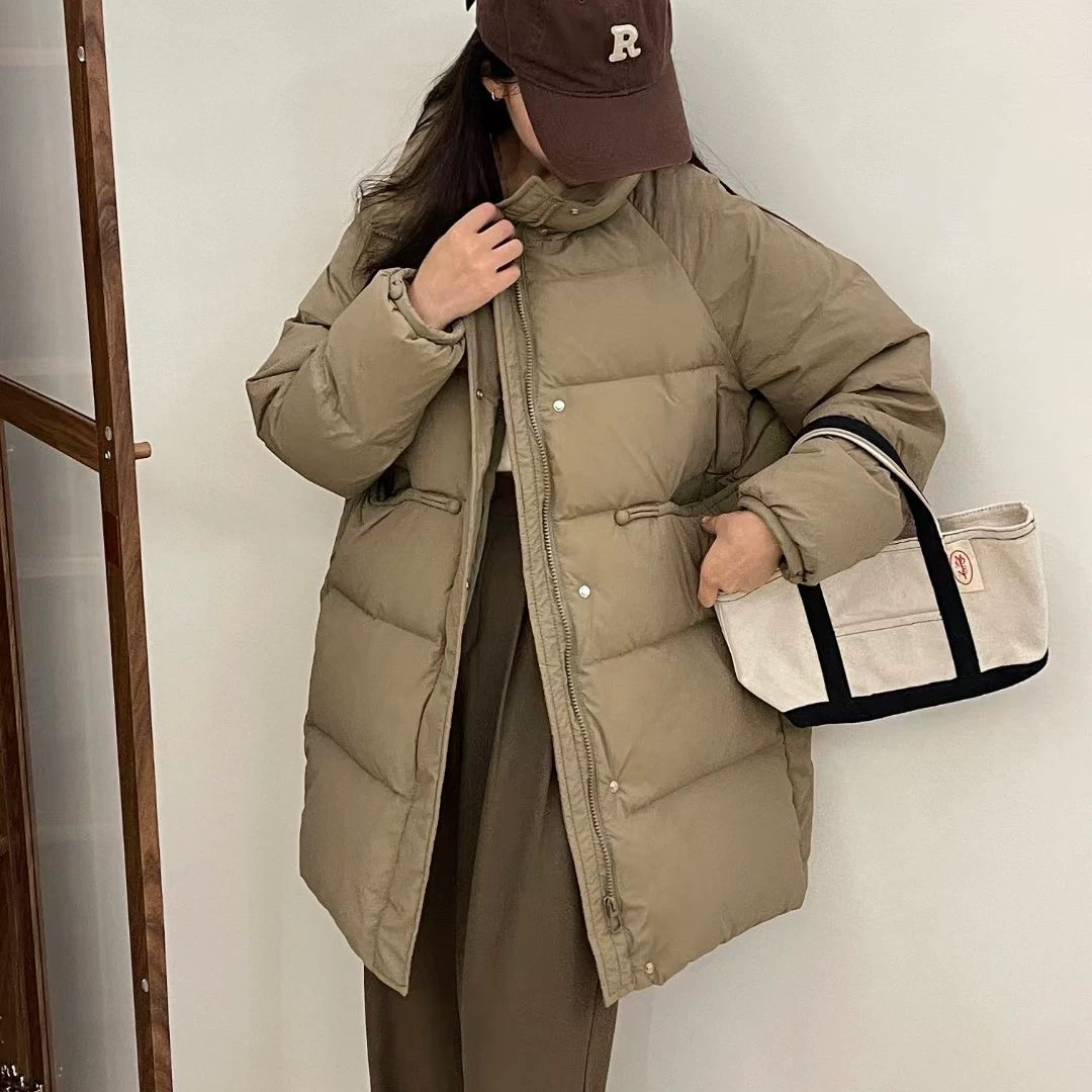 童心家新韩系立领简约设计感休闲宽松保暖中长保暖羽绒服外套355