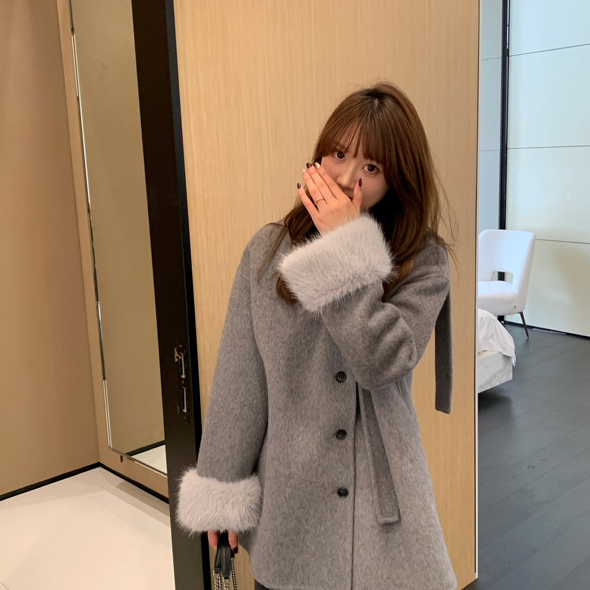 童心面呢系带立领羊毛外套(配可脱卸非动物毛袖)（含95羊毛）C706