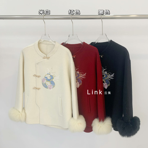 月白吟冬上新新中式国风刺绣真狐狸毛袖千金感双面羊毛L-JSYC2188