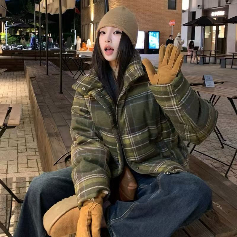 童心小众女时尚休闲小个子格子保暖棉服外套YS1-1216