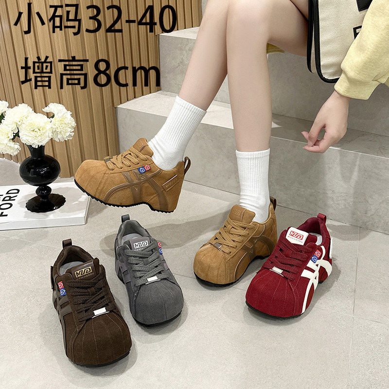 8cm红色德训鞋女内增高小码女鞋3233复古面包鞋小个子厚底阿甘鞋