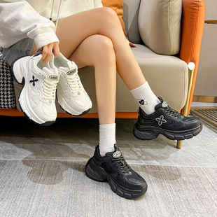 6CM十字花厚底老爹鞋女款2025新款增高显瘦运动休闲鞋真皮小白鞋