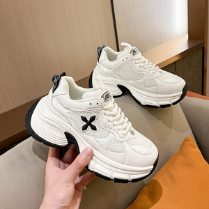 厚底增高十字花老爹鞋女2026春季新款真皮百搭小个子运动休闲女鞋