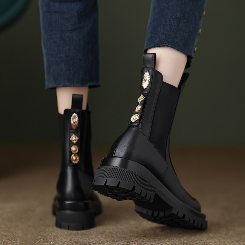 XIAOHUA 삼촌이 너무 멋져요 여성을위한  가죽 라운드 발가락 첼시 짧은 부츠 2024 가을 새로운 복고풍 두꺼운 밑창 굴뚝 부츠