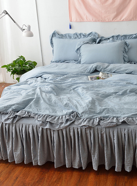 简约日式全棉水洗棉四件套刺绣北欧风素色纯棉被套床裙款床上用品