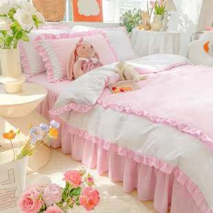 韩版双拼粉色白全棉床品四件套纯棉荷叶花边公主风纯色被套床裙