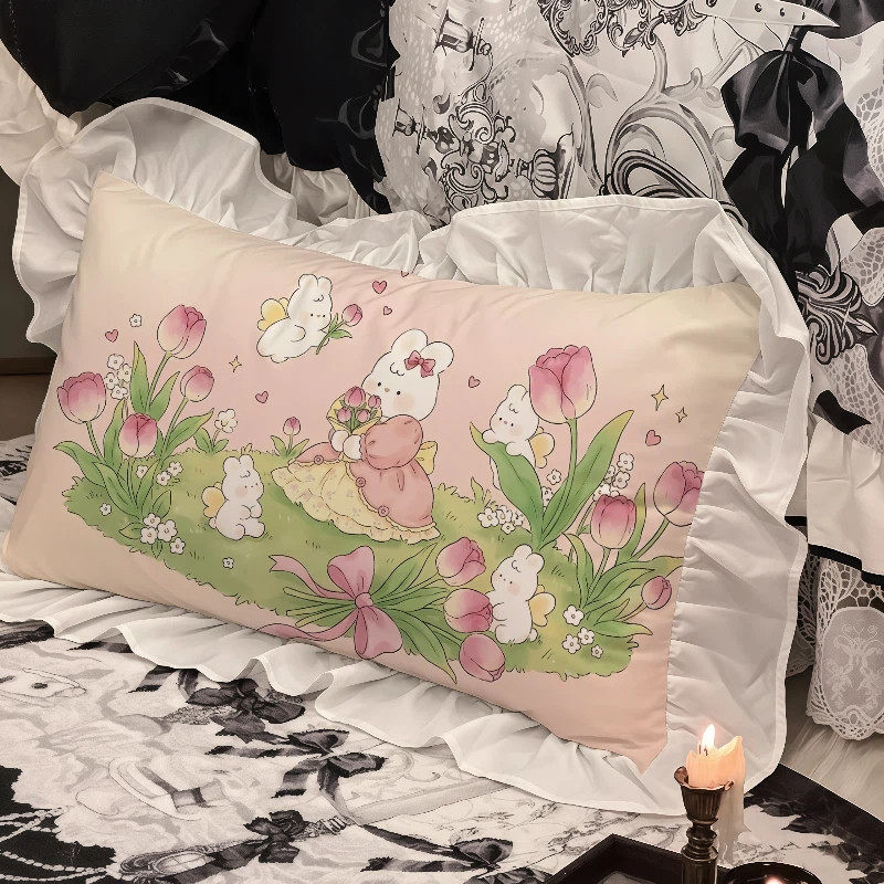 郁金香兔子枕套水洗棉法式荷叶花边一对枕芯头套腰靠枕粉色枕巾皮,床上用品,枕套,淘宝优惠券,粉丝福利购,淘宝优惠卷