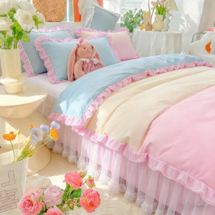 仙女渐变公主风糖果色纯棉蕾丝床裙四件套甜美少女心全棉床上用品