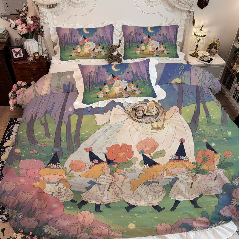 卡通印花床品三四件套水洗棉荷叶边小女巫森林被套可爱女孩床单,床上用品,床品套件/四件套/多件套,淘宝优惠券,粉丝福利购,淘宝优惠卷