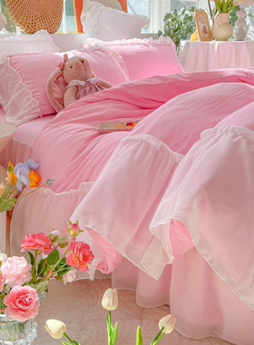 公主风床裙款全棉水洗棉四件套少女心纯棉雪纺白纱被套1.5/1.8m床