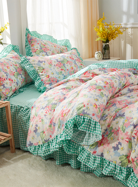 田园风四件套固定床单罩ins全棉纯棉小清新碎花格子被套床上用品