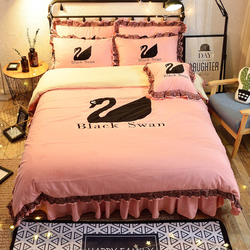 卡通黑天鹅高档绣花四件套性感黑色蕾丝花边床裙式公主床上用品