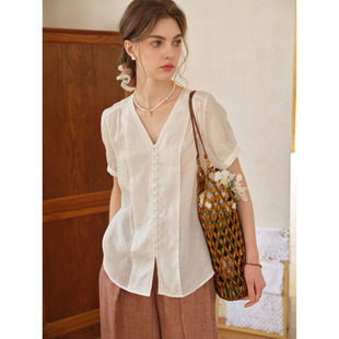 20点新品 气质通勤衬衣 衬衫 女法式 全苎麻V领正肩短袖 9折