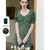 泡泡袖 碎花连衣裙V领蕾丝夏季 茶歇长裙子 法式 simpleretro2026新款