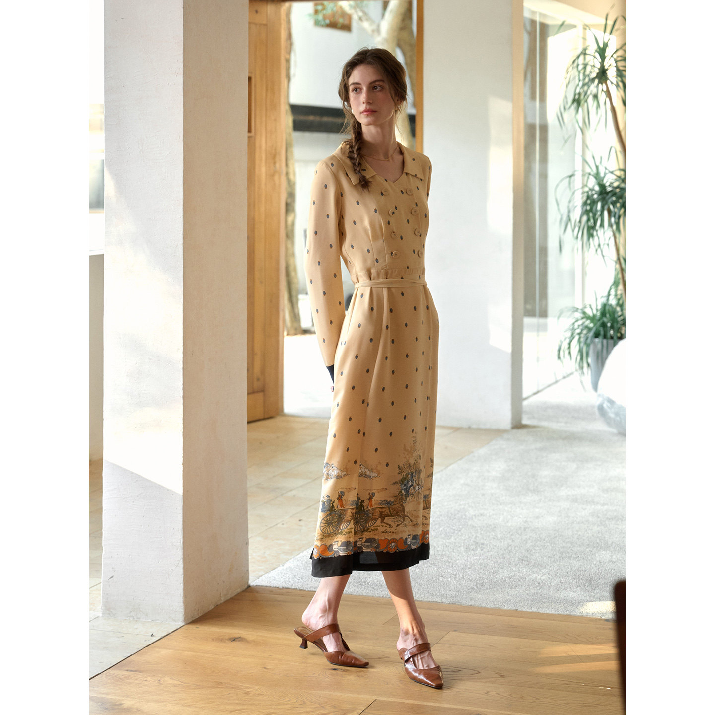 SimpleRetro戏团漫游 撞色马年印花法式复古波点连衣裙女a字裙子