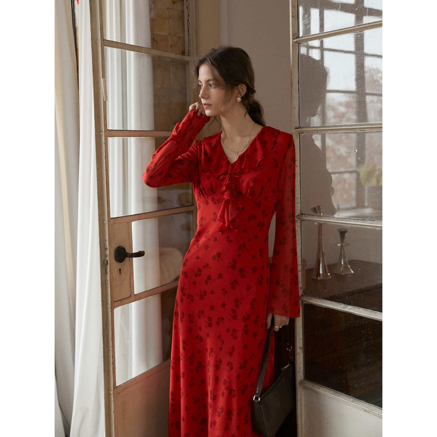 SimpleRetro红韵花笺 法式荷叶领长袖碎花连衣裙女喇叭袖雪纺裙子