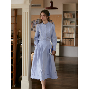 女小立领衬衫 SimpleRetro蓝屿空笺 套装 衬衫 半身裙子 60支全棉法式