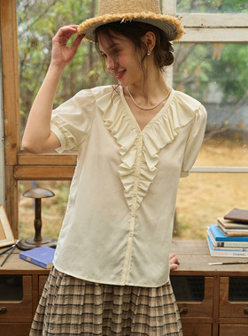 SimpleRetro风吟荷影 法式天丝V领荷叶领短袖衬衫女百搭通勤上衣