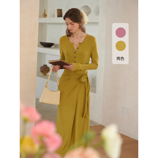 SimpleRetro可可小姐 法式圆领显瘦针织连衣裙女假两片绑带长裙子