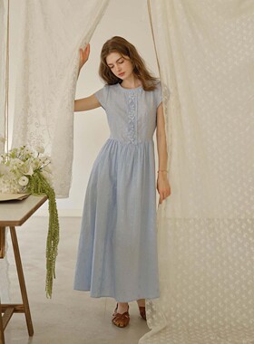 SimpleRetro玻璃之夏  全棉肌理绣花短袖连衣裙女蕾丝花边a字长裙