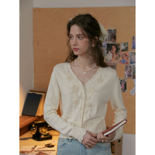 SimpleRetro重工立体钩花v领针织开衫 女毛衣